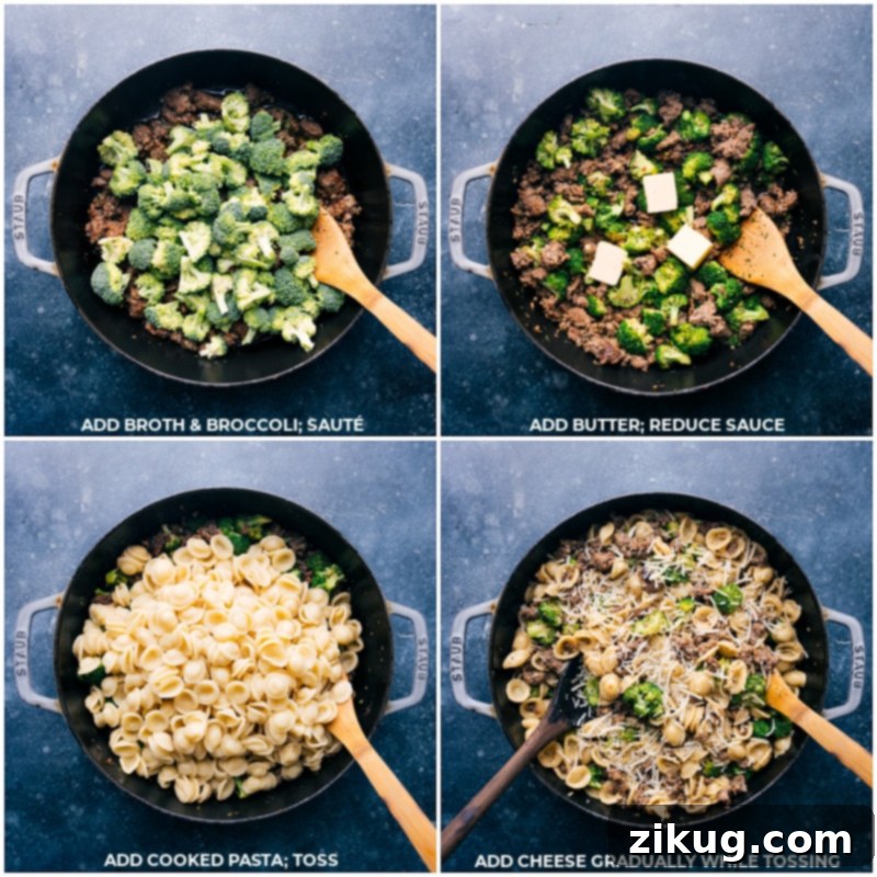 Process shots: Fresh broccoli florets, unsalted butter, and grated Parmesan cheese are added to the pan with the cooked orecchiette and sausage, creating a rich and creamy sauce.