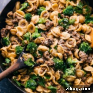 A vibrant overhead shot of Orecchiette with Broccoli and Italian Sausage, a light and savory pasta dish.
