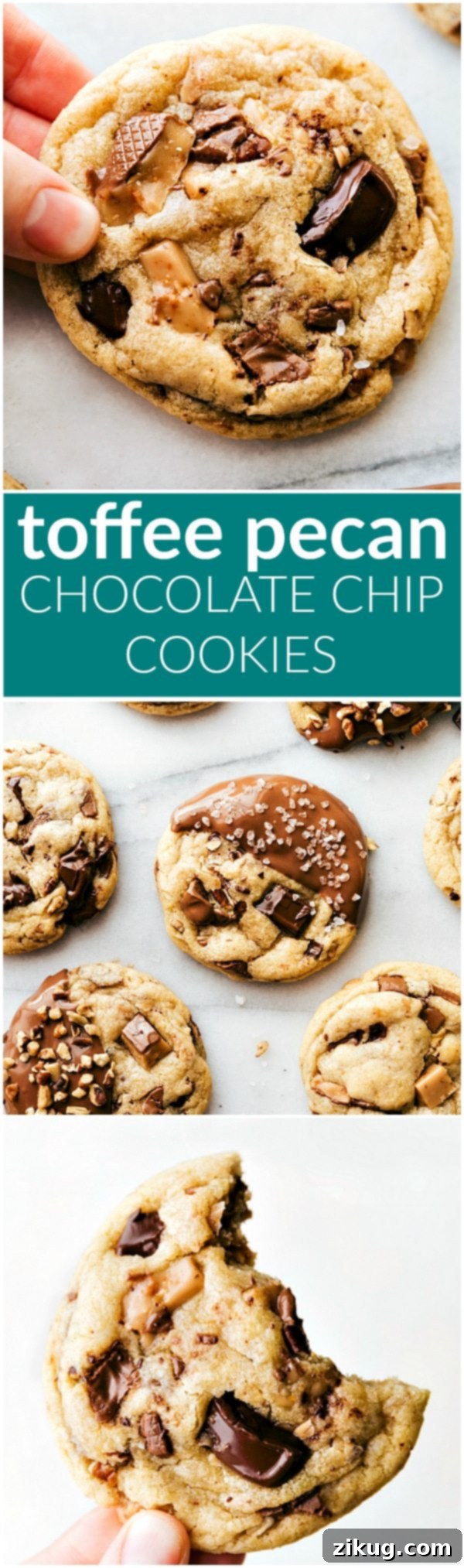 Delicious toffee and pecan stuffed chocolate-chip cookies dipped in melted milk chocolate. These toffee pecan cookies are soft & chewy with crisp edges! I chelseasmessyapron.com