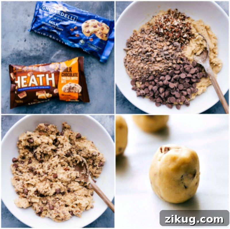 The addition of chocolate chips and heath chips to the dough, mixing them together, and adding dough to the baking tray.