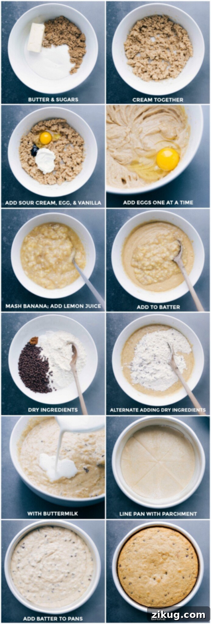 Preparing and Baking Banana Chocolate Chip Cake A collage demonstrating the cake preparation process: mixing wet ingredients, combining with dry, pouring batter into a cake pan, and the golden-brown baked cake.