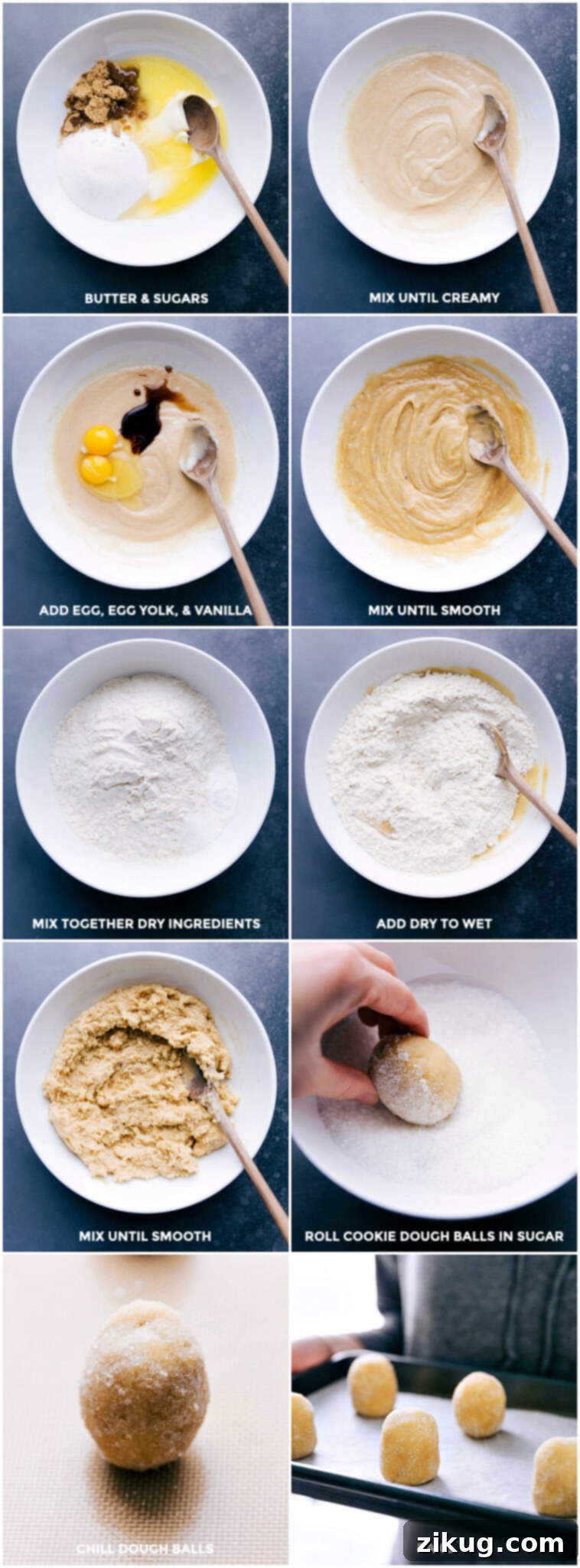 Steps for cookie dough preparation: mixing butter and sugars, adding egg and vanilla, combining with dry ingredients, rolling dough balls in sugar, chilling, and finally baking.