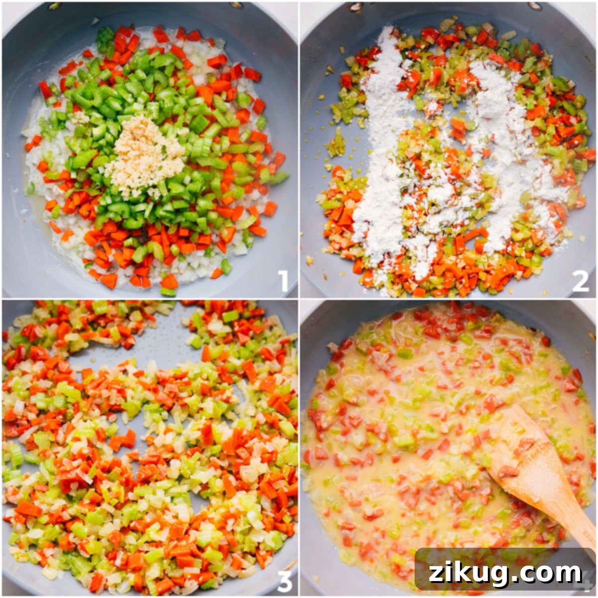 Preparing the Aromatic Base for Crockpot Chicken Pot Pie Finely diced carrots, celery, onion, and garlic are sautéing in a skillet with melted butter. In the background, flour is being incorporated into chicken broth to create a thickening roux for the pot pie sauce.