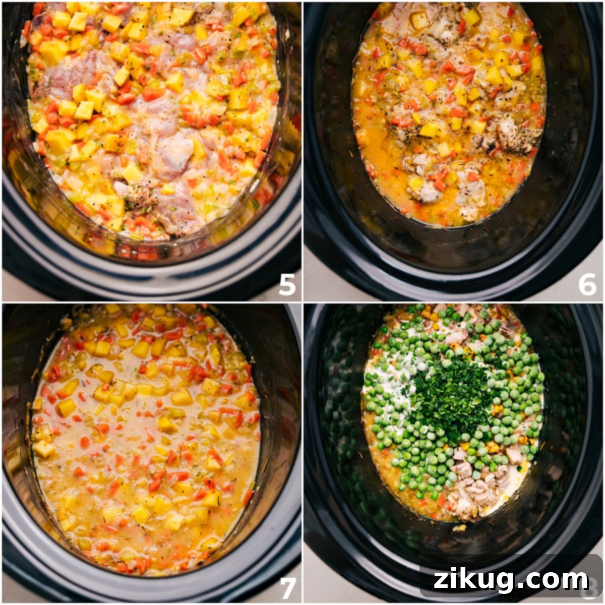 Slow Cooking the Hearty Chicken Pot Pie Filling The creamy chicken pot pie filling is simmering in the slow cooker, with raw chicken thighs nestled among the tender vegetables and herbs in a rich broth, cooking to perfection.