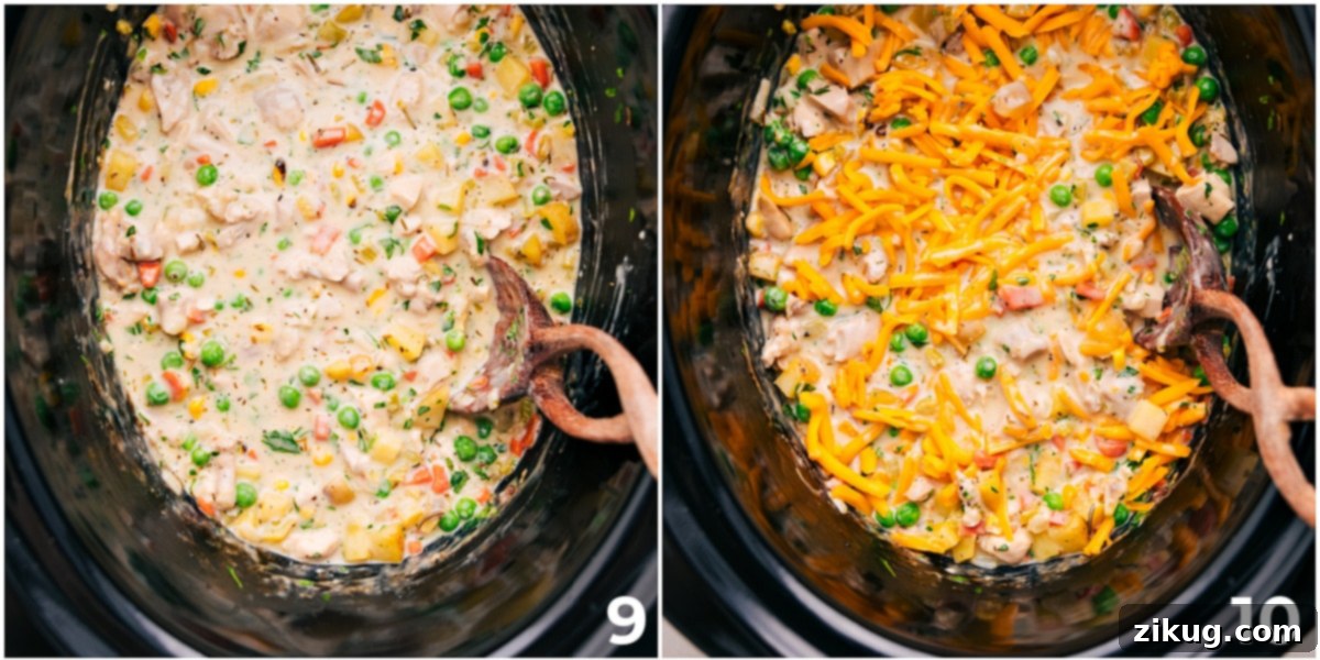 The Ultimate Comfort Food: Cheesy Crockpot Chicken Pot Pie The finished Crockpot Chicken Pot Pie filling, rich and creamy, with shredded cheese melted on top, ready to be served as the ultimate comfort food.