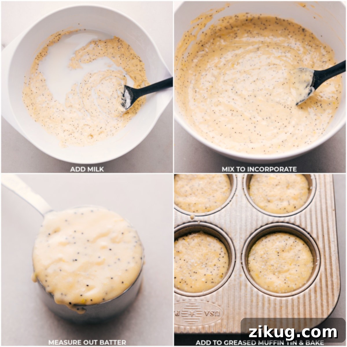 Measured batter for lemon poppy seed muffins being added to individual muffin cups. Batter for the lemon poppy seed muffin recipe being scooped into a muffin tin.