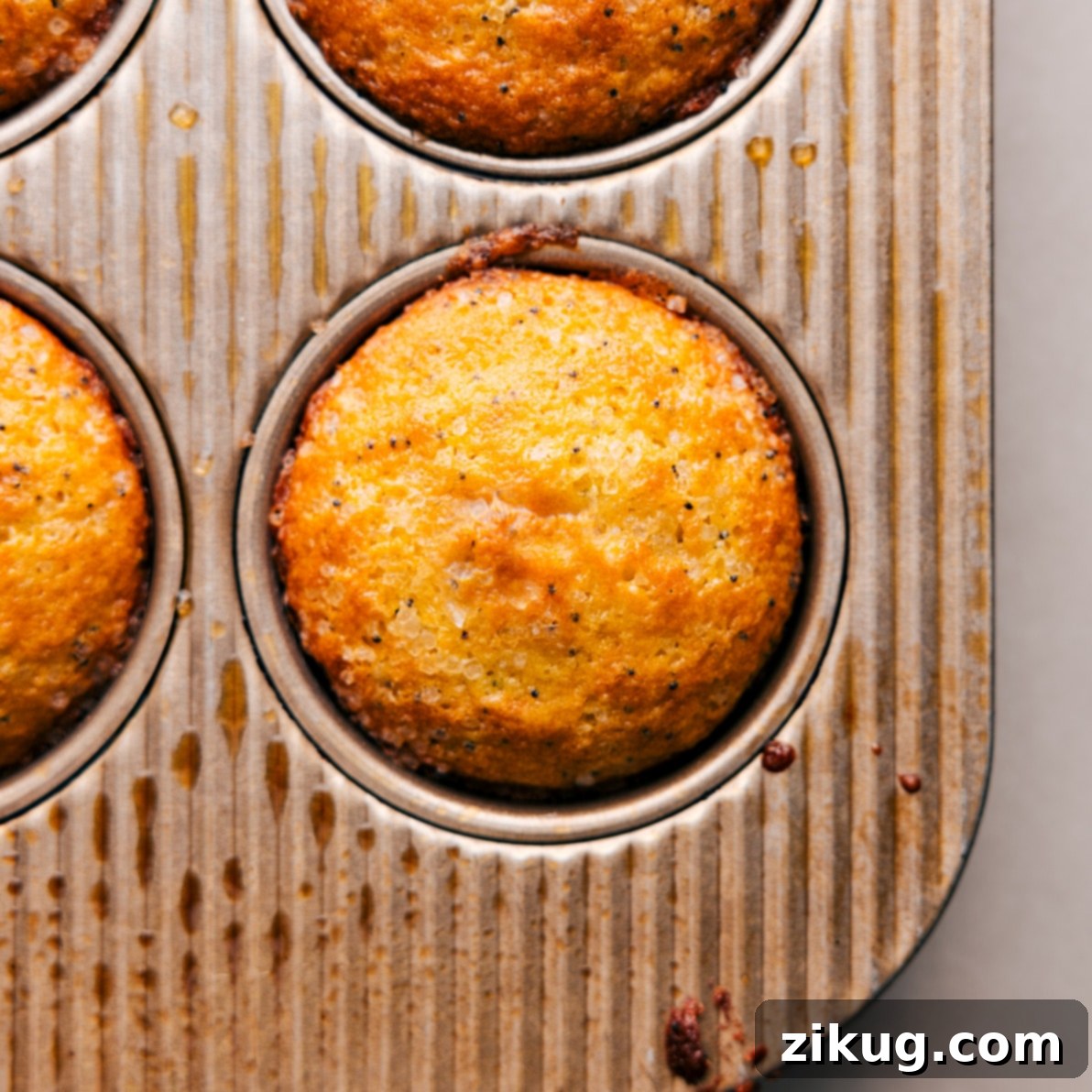 Golden-brown lemon poppy seed muffins just out of the oven, ready to be savored. Freshly baked lemon poppy seed muffins straight out of the oven.