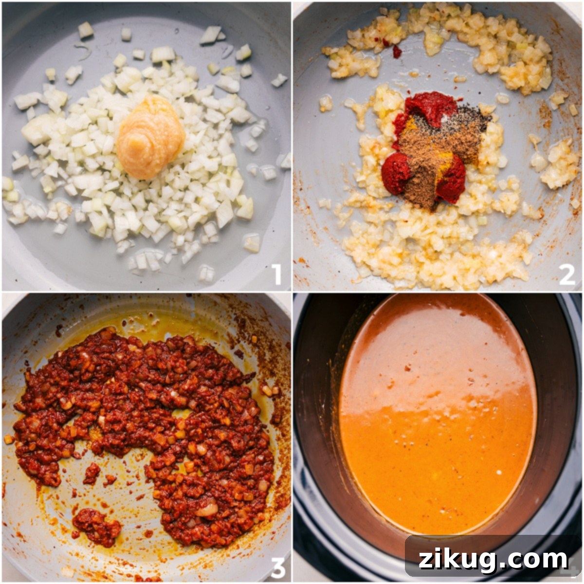 Sautéed onions, garlic, ginger, and seasonings added to the slow cooker with coconut milk for this Slow Cooker Curry Chicken.