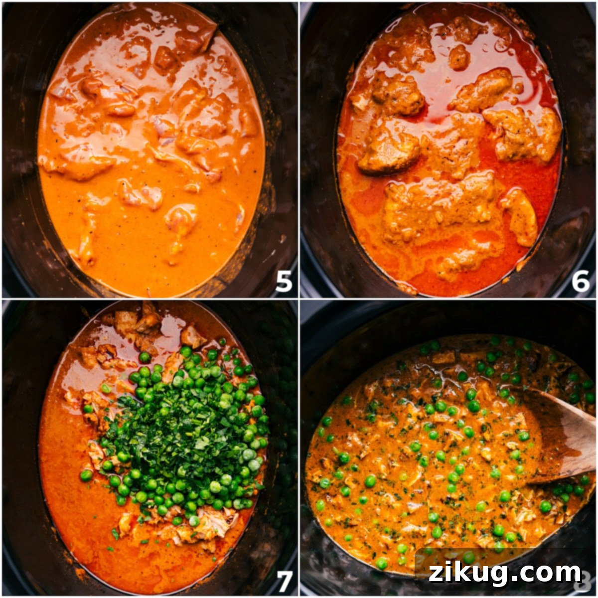 The meat is added to the slow cooker, cooked until tender, then mixed with peas and cilantro.