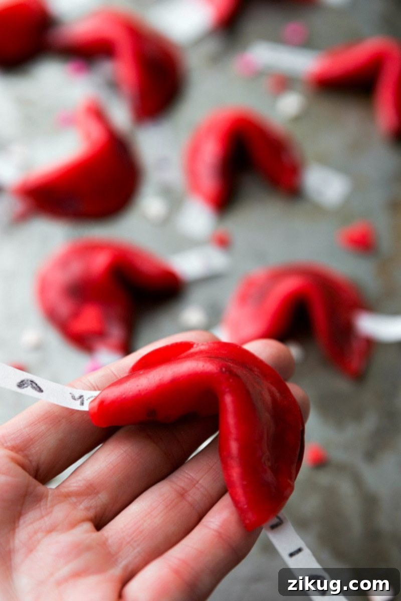 Sweet & Simple: 4 Valentine's Day Delights 5 Several homemade Love Fortune 'Cookies' made from red fruit roll-ups, each with a small paper message peeking out. They are arranged on a white background, highlighting their playful and creative appearance, perfect for a unique Valentine's Day treat.