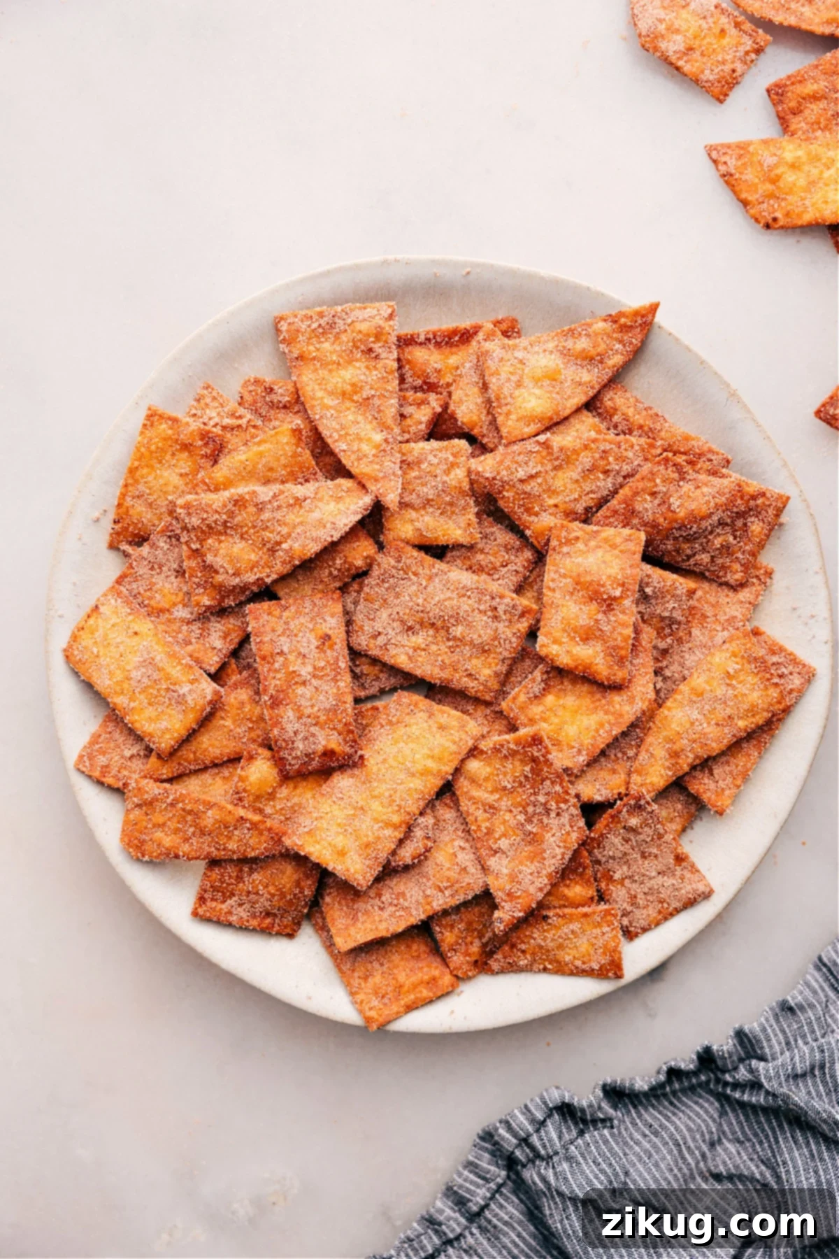 The Best Cinnamon Sugar Chips Recipe Cinnamon Sugar Chips sit on a plate, ready to enjoy. They are golden brown and coated with sugar crystals.