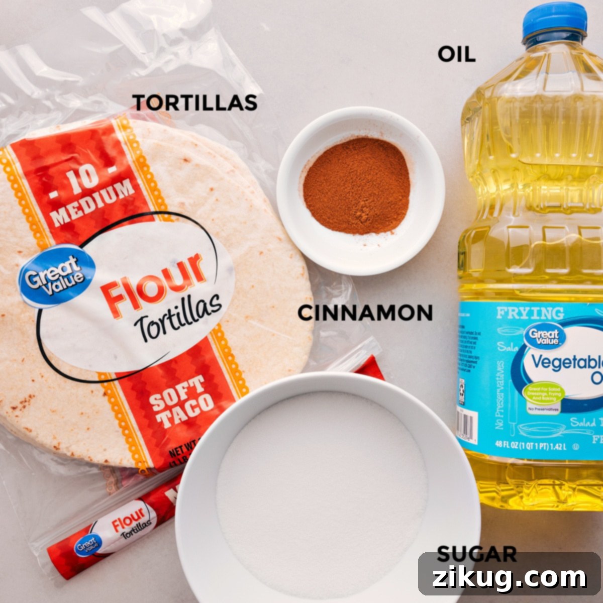 Ingredients In Cinnamon Sugar Chips All the ingredients for this recipe—tortillas, cinnamon, sugar, and oil—are prepped and ready for easy assembly.