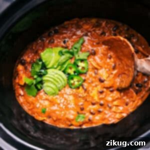 Crockpot Chicken Enchilada Casserole, a close-up showing the cheesy, saucy texture.