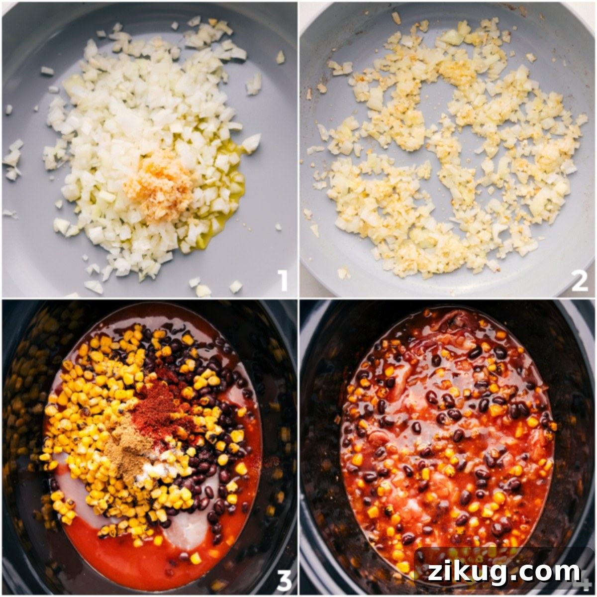 Effortless Crockpot Chicken Enchilada Bake 3 Step-by-step assembly: Sautéed onions and garlic, chicken, beans, corn, and enchilada sauce all combined in a slow cooker for the chicken enchilada casserole.