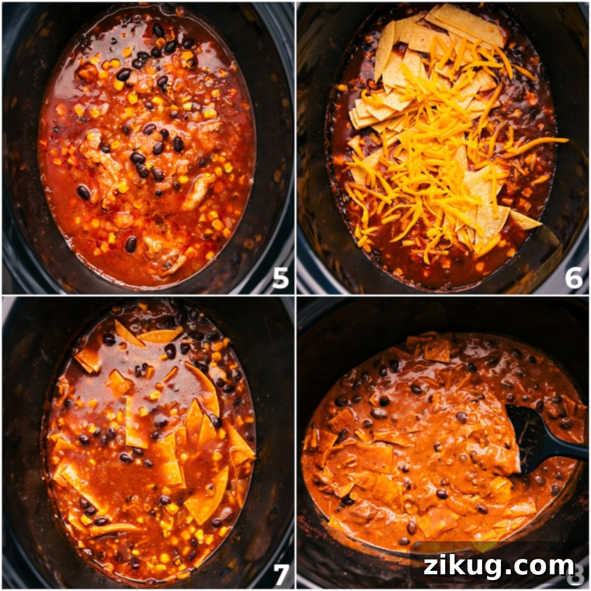 Creamy and Cheesy Crockpot Chicken Enchilada Casserole The finished Crockpot Chicken Enchilada Casserole with melted cheese, sour cream, and tortilla pieces, ready to be served.