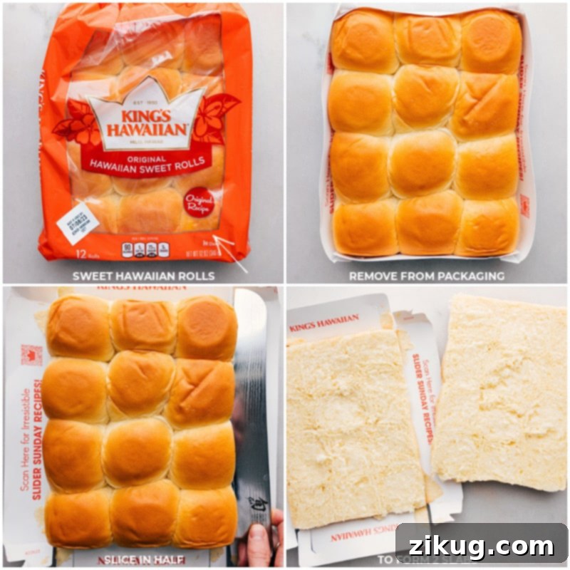 Perfectly Sliced Rolls A block of Hawaiian rolls being carefully cut in half horizontally.