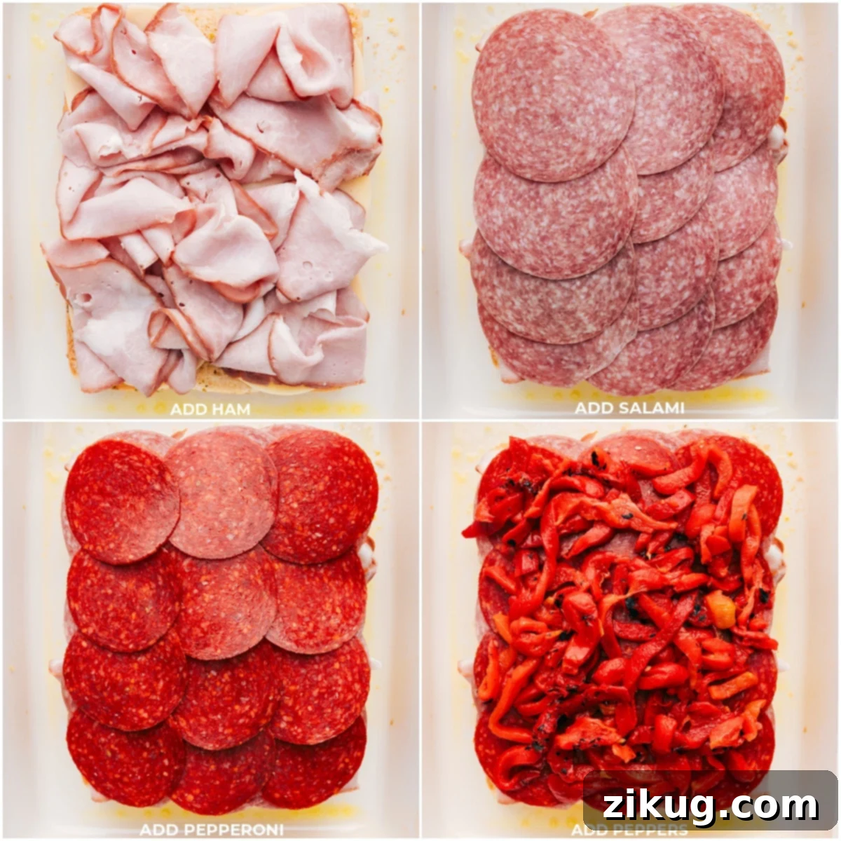 Building Italian Sliders Layers Layers of ham, salami, pepperoni, and roasted red peppers being added to the Hawaiian rolls for Italian Sliders.