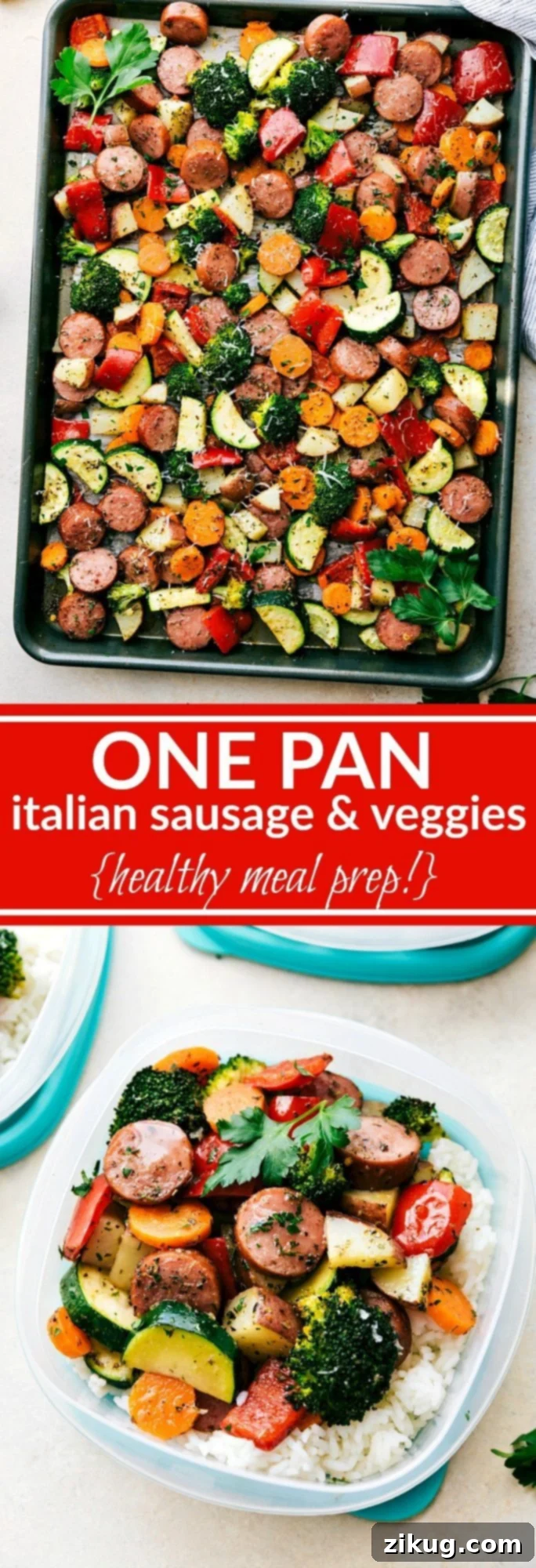 ONE PAN Healthy Italian Sausage & Veggies! Easy and delicious! Great MEAL PREP OPTION! via chelseasmessyapron.com