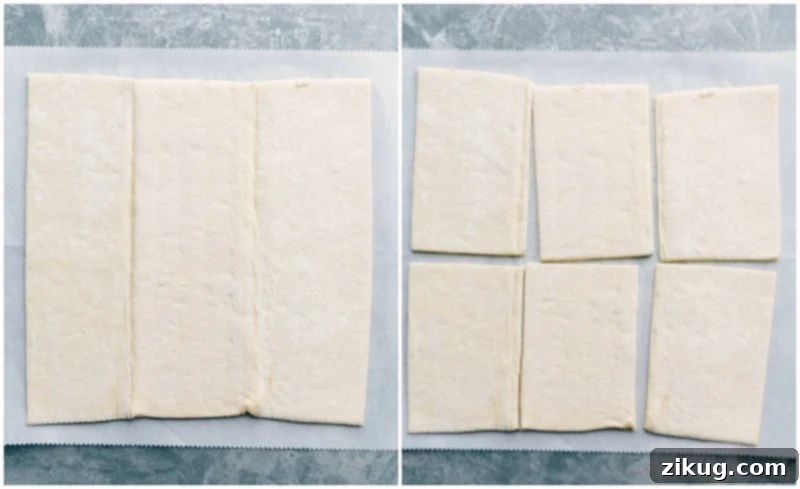 Mastering Puff Pastry: Slicing into Six Perfect Portions for Strudels A sheet of puff pastry carefully being divided into six uniform slices using a knife.