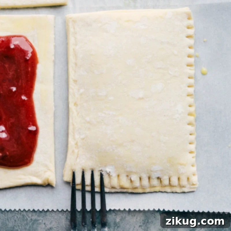 Sunrise Sweet Pocket 3 The delicate process of sealing puff pastry layers by pressing down the edges with a fork, creating a neat pattern.