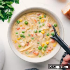 Delicious Creamy Chicken Noodle Soup, served in a rustic bowl.