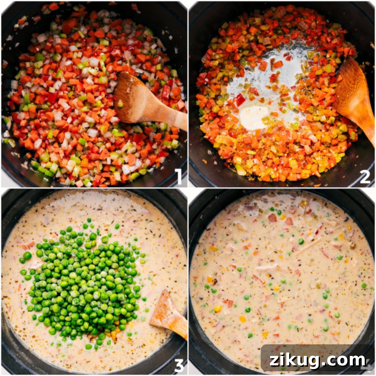 How To Make Creamy Chicken Noodle Soup Recipe Step-by-step imagery showing vegetables sautéing, the roux forming, and the creamy broth coming together with pasta for the creamy chicken noodle soup recipe.