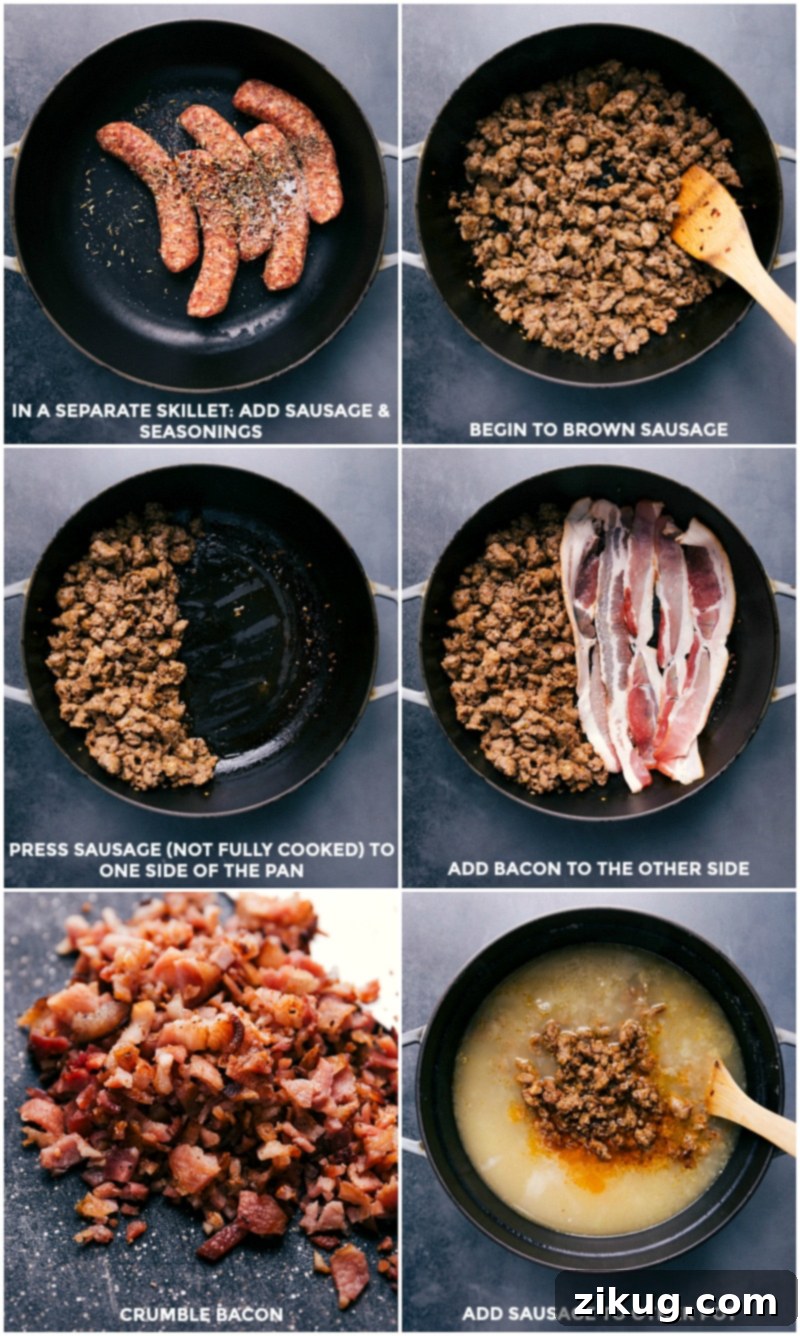 Browning Sausage, Adding and Cooking Bacon, Then Adding Both to Soup Pot Sausage being browned, bacon being added and cooked, then both added to the soup pot.