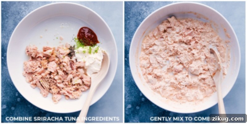 A close-up process shot showing canned tuna being gently mixed with the creamy Sriracha sauce ingredients in a large mixing bowl, illustrating the initial step of combining flavors for the wrap filling.