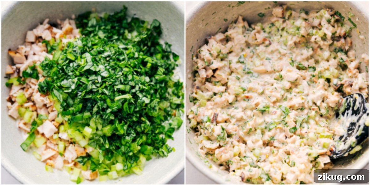 Simple and High-Protein Lemon Basil Chicken Salad Assembly All diced ingredients for the chicken salad, including chicken, celery, and basil, are added to the bowl with the prepared dressing and thoroughly mixed together.