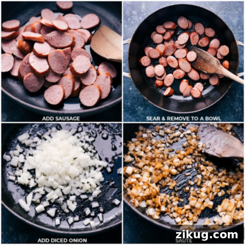 How To Make Cajun Sausage Pasta Sear the sausage and remove to bowl; sautee onion.