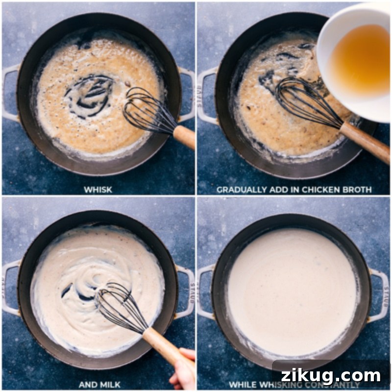 How To Make The Cajun Sausage Cream Sauce Whisk the sauce; sir in chicken broth and milk; whisk constantly for this Cajun Sausage Pasta.