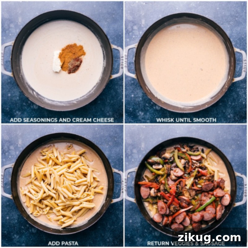 Simple And Delicious Weeknight Dinner: Cajun Sausage Pasta Season and add cream cheese; whisk to smooth; add pasta and return veggies and sausage to the pan.