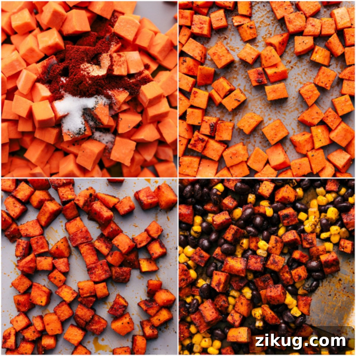 Perfectly Roasted Sweet Potatoes for a Hearty Taco Bowl Diced sweet potatoes seasoned with paprika, garlic powder, salt, and pepper, spread in a single layer on a baking sheet, with corn and black beans tossed in after roasting, ready for the taco bowl assembly.