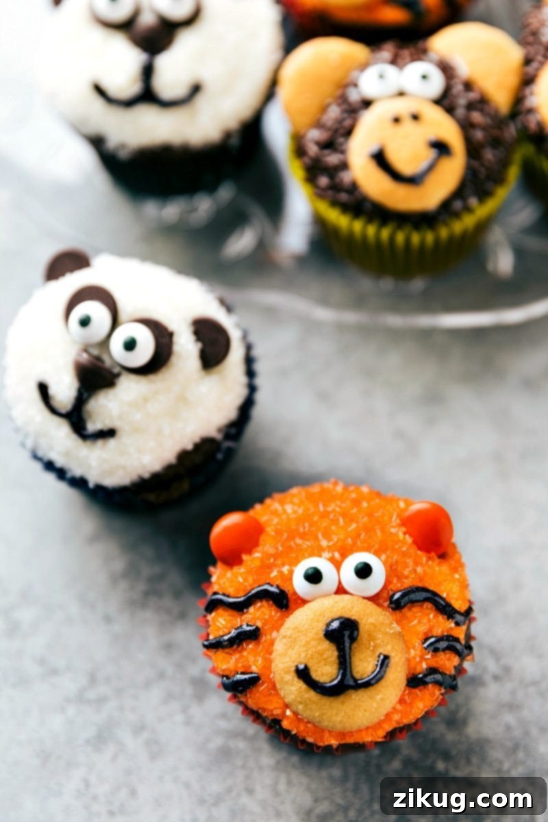 Adorable Animal Cupcakes Made Simple 5 EASY JUNGLE CUPCAKES! Four simple and easy to make animal jungle cupcakes -- a zebra, monkey, tiger, and a panda. I chelseasmessyapron.com