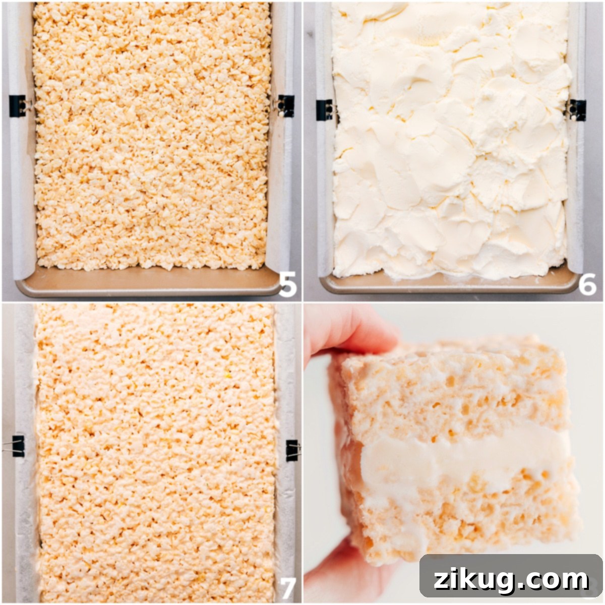 Layering In Rice Krispies And Ice Cream Layering the first Rice Krispies treat layer into a 9x13 inch pan, followed by a thick layer of ice cream, and topped with the second cereal treat layer.