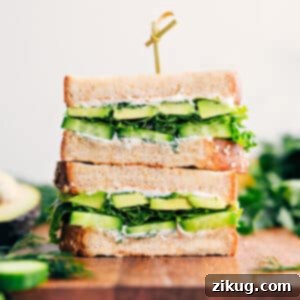 A freshly made avocado sandwich with a vibrant green avocado, crisp lettuce, and cucumber slices, with a bite taken out.