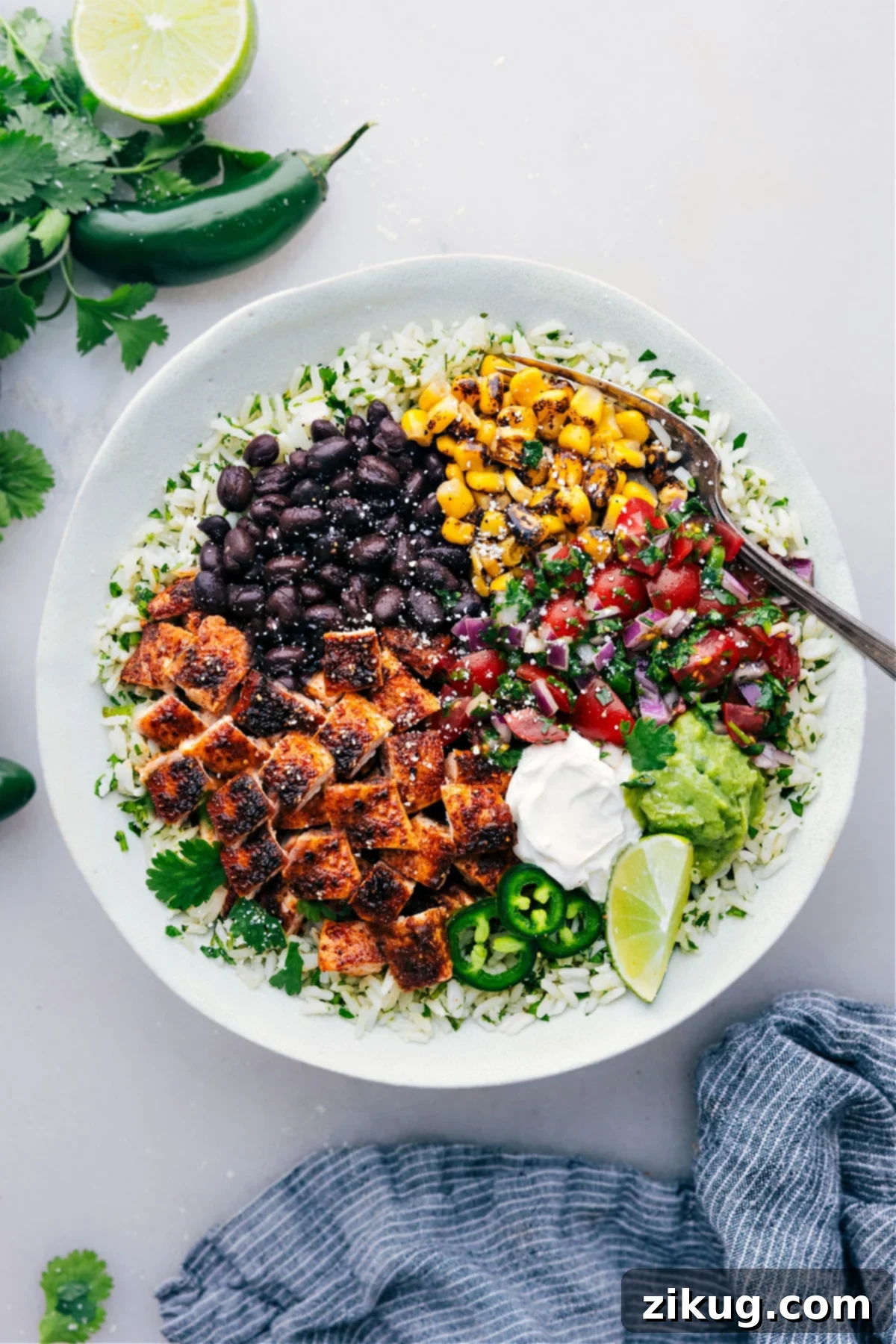 Delicious Chicken Burrito Bowls Freshly made Chicken Burrito Bowls with vibrant toppings.
