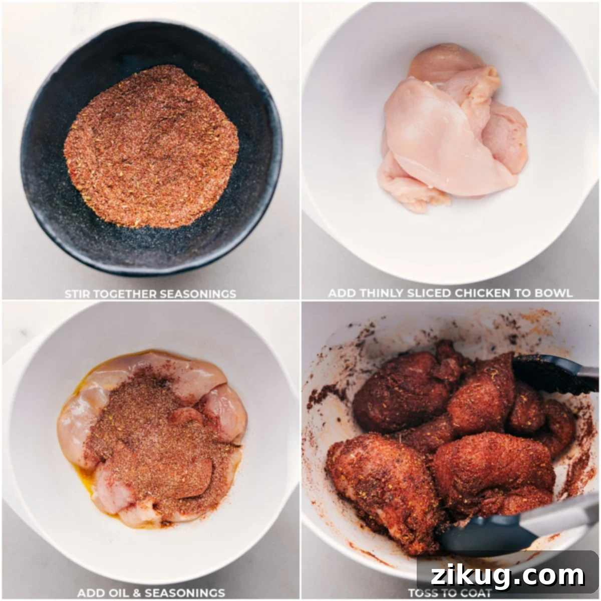 How To Season Chicken for Burrito Bowls A selection of seasonings being mixed together, ready to be added to chicken.