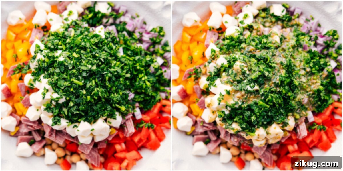 All the ingredients for the dense bean salad are combined in a large bowl, ready to be tossed with the prepared dressing, showcasing a colorful and hearty mix.