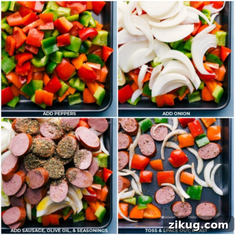 One-Pan Jambalaya is an easy 30-minute meal of oven-roasted & seasoned sausage, shrimp, veggies, and rice. Everything gets cooked together on one sheet pan! Recipe via ChelseasMessyApron #dinner #quick #easy #simple #best #veggies #shrimp #sausage #rice #onepan #jambalaya Process shots showing bell peppers, onions, and sliced sausage being tossed with olive oil and Creole seasoning on a sheet pan, ready for roasting.