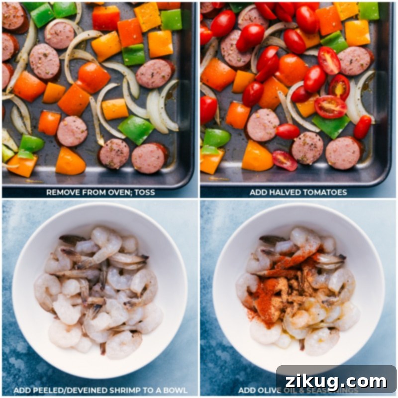 The best ever One-Pan Jambalaya is an easy, nutritious, 30-minute meal of oven-roasted & seasoned sausage, shrimp, veggies, and rice. Everything gets cooked together on one sheet pan! Recipe via ChelseasMessyApron #dinner #quick #easy #simple #best #veggies #shrimp #sausage #rice #onepan #jambalaya Process shots showing cherry tomatoes being added to the sheet pan, and raw shrimp being tossed with olive oil and seasonings in a bowl.