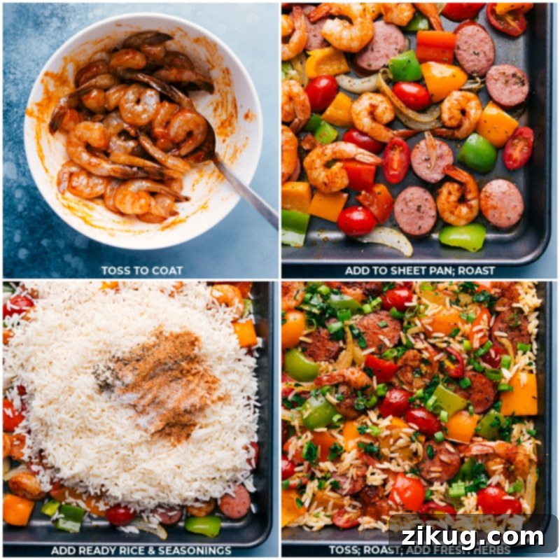 One-Pan Jambalaya is an easy, nutritious, 30-minute meal! Everything gets cooked together on one sheet pan! Recipe via ChelseasMessyApron #dinner #quick #easy #simple #best #veggies #shrimp #sausage #rice #onepan #jambalaya Process shots showing seasoned shrimp and halved cherry tomatoes added to the sheet pan, followed by cooked jasmine rice and more Creole seasoning, then finally garnished with fresh green onions and parsley.