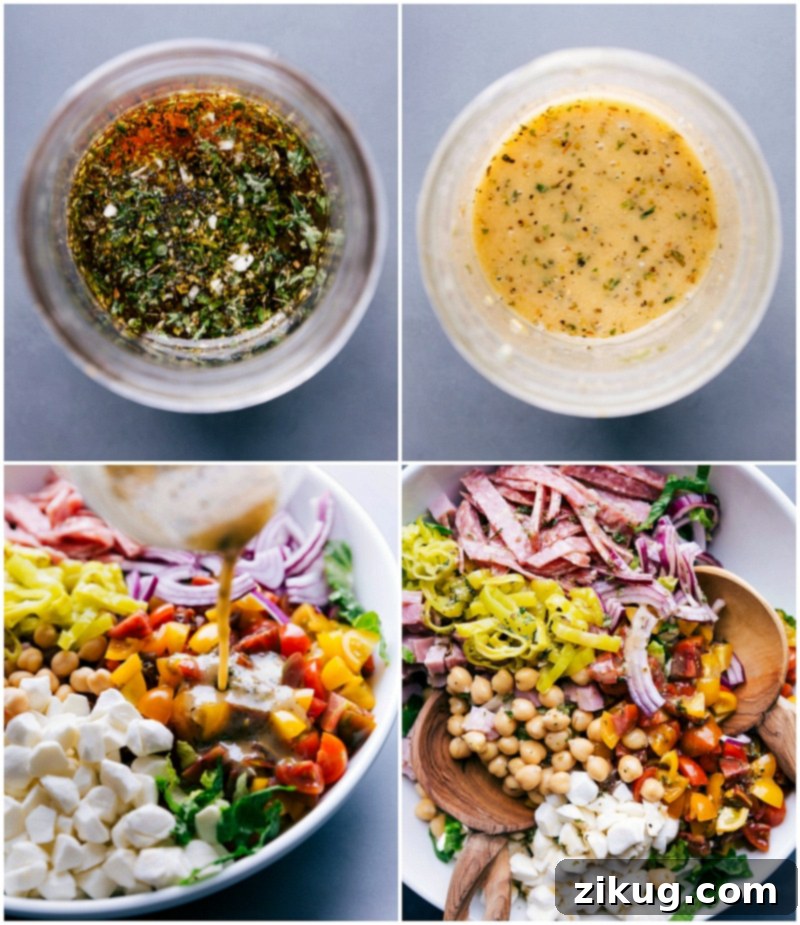 Preparing Savory Dressing: Whisked and Drizzled onto Italian Salad Savory Italian salad dressing being whisked in a bowl and drizzled over a salad.