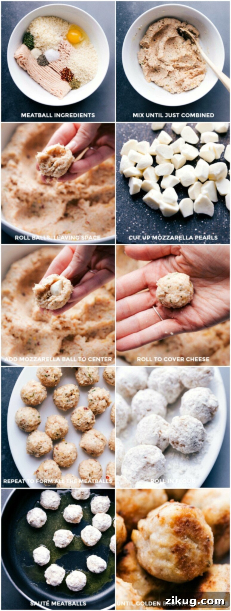 Preparing Chicken Parmesan Meatballs: Stuffing, Rolling, and Sautéing Process Combining the meatball ingredients, stuffing with mozzarella cheese, forming balls, rolling in flour, and sautéing until golden brown.