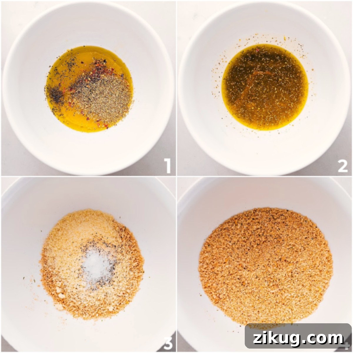 The savory marinade ingredients are combined in one large bowl, while the crunchy Panko breadcrumb and Parmesan topping mixture is prepared in a separate bowl, ensuring easy assembly for the Chicken Spiedini.