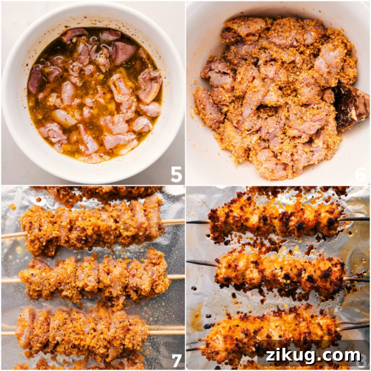 The process of making Chicken Spiedini: chicken pieces are first added to a bowl of marinade, then coated thoroughly in the breadcrumb mixture, and finally threaded onto skewers, ready for baking.