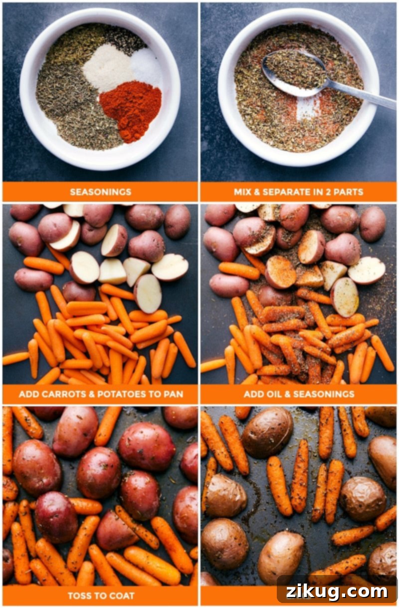 Preparing Potatoes and Sausage Sheet Pan Dinner Combining the seasoning blend, adding vegetables, oil, and seasonings to the pan, tossing to coat, and then baking in the oven.
