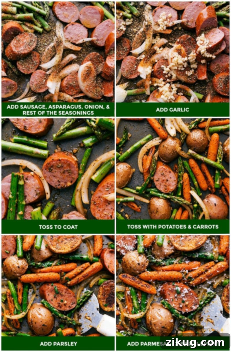 Roasting Sausage, Asparagus, Onion, and Garlic with Seasonings Sausage, asparagus, onion, and garlic added to the seasoned veggies already in the pan, tossed to coat and roasted until done, then garnished with parsley and parmesan cheese before serving.