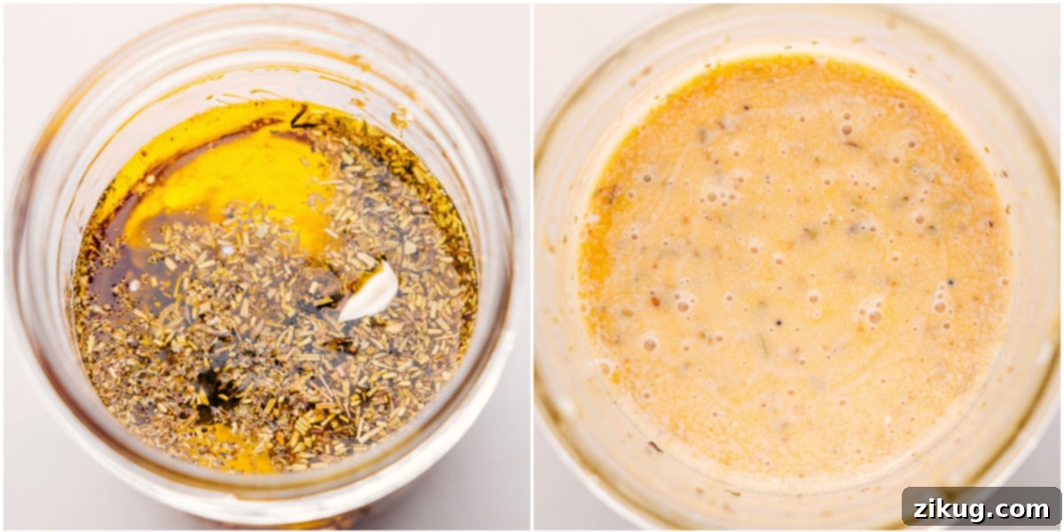 How To Make The Best Dressing For Italian Grinder Pasta Salad A mason jar filled with freshly mixed Italian Grinder Pasta Salad dressing, ready to be poured over the salad.