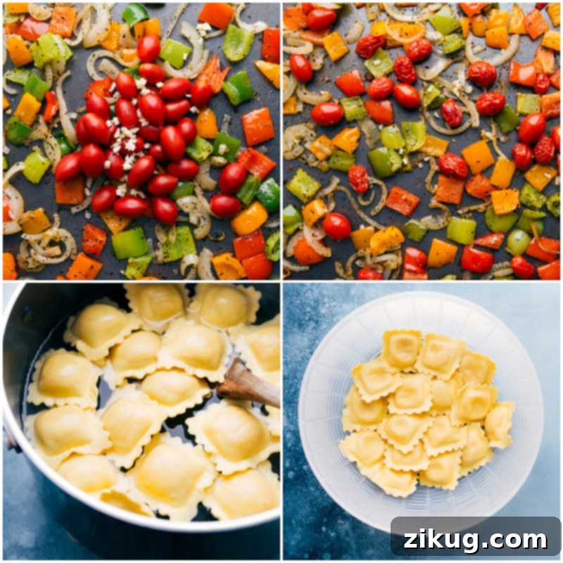 Pesto Ravioli! Top each bowl with a drizzle of olive oil, lots of freshly grated Parmesan cheese, and another spoonful of pesto for an unforgettable pasta dish! Recipe via ChelseasMessyApron #dinner #quick #easy #simple #roasted #veggies #onetray #tomatoes #pesto #ravioli A series of process shots showing cherry tomatoes added to roasted vegetables, fresh ravioli boiling in a pot, and cooked ravioli being transferred to a large bowl.